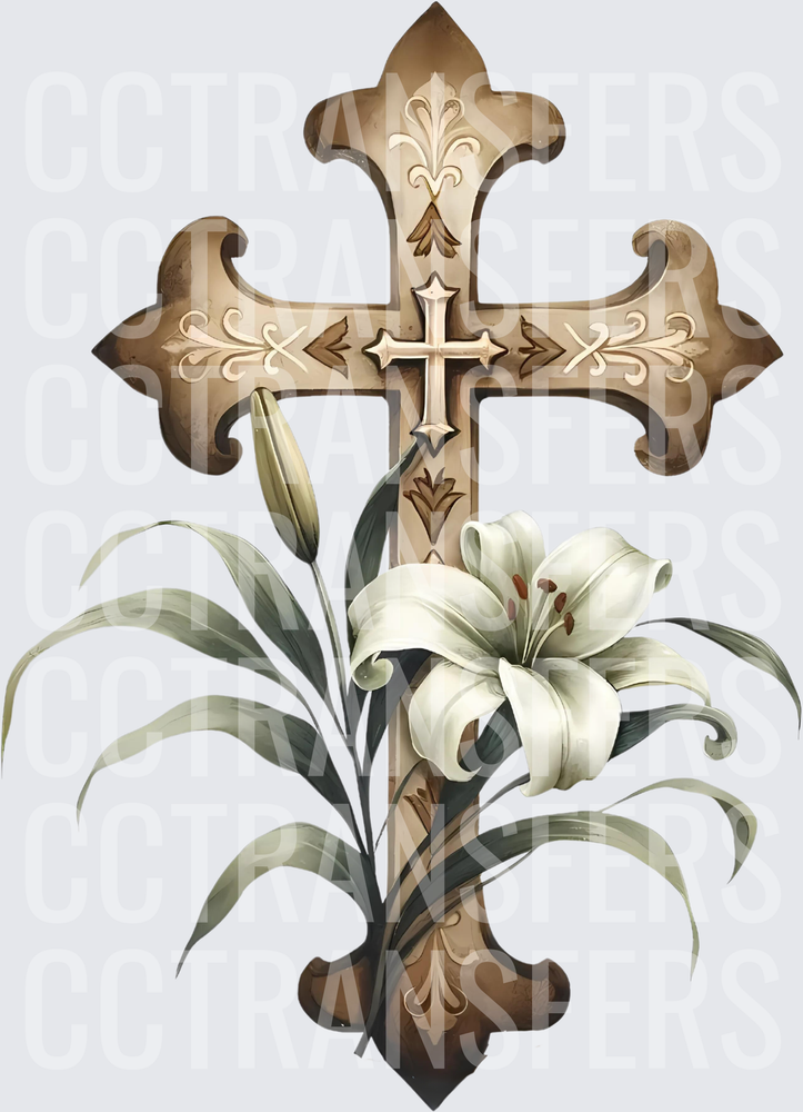 Ornate Christian Cross with White Easter Lily Floral (DTF)