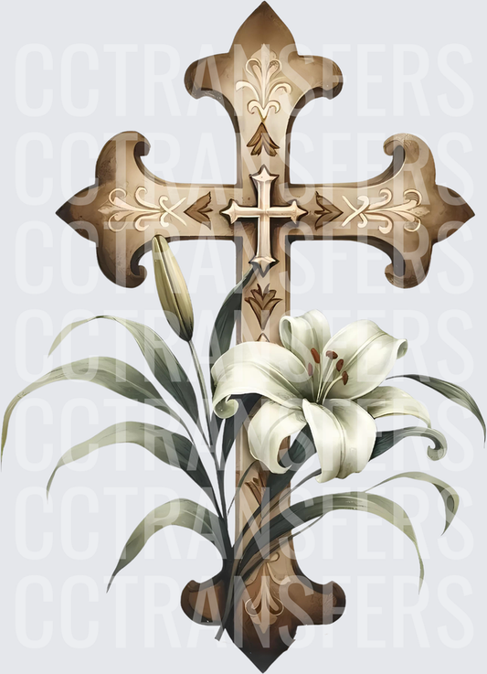 Ornate Christian Cross with White Easter Lily Floral (DTF)