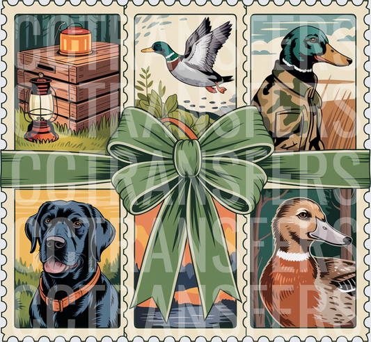 Duck Hunting Stamp Collage with Black Lab and Green Bow (DTF)