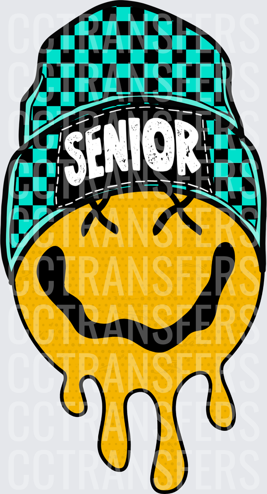 Senior Melting Smiley Face Teal Checkered Hat (DTF)