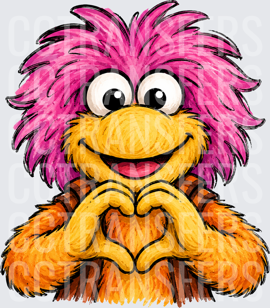 Fluffy Pink-Haired Orange Monster Making Heart Hands (DTF)