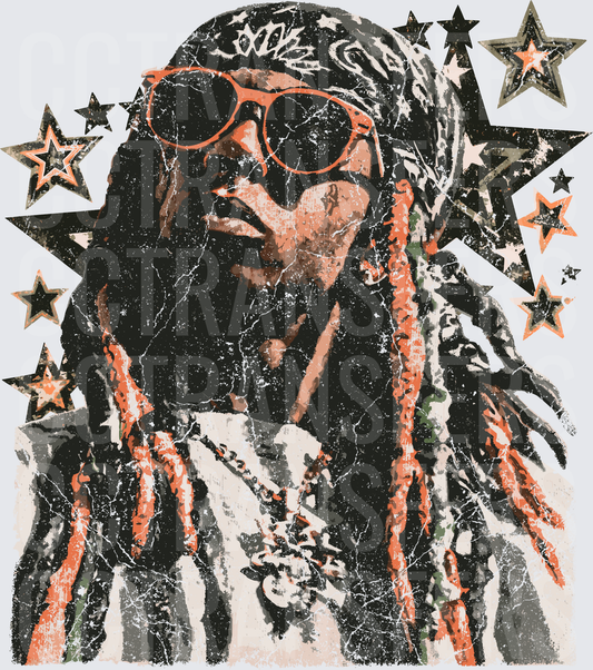 Rapper With Dreads Orange Shades Stars Grunge Portrait (DTF)
