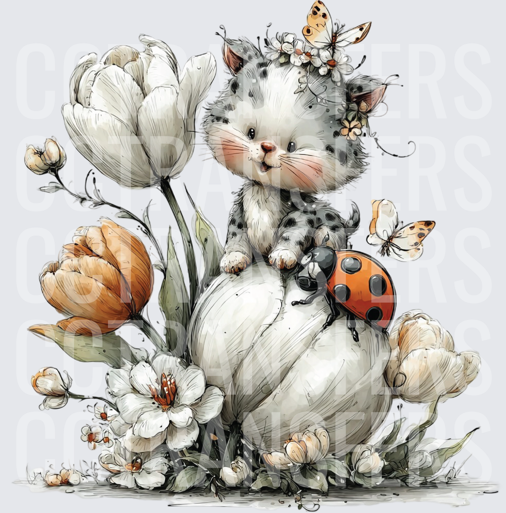 Cute Spotty Kitten Sitting on Tulip Bulb with Ladybug (DTF)