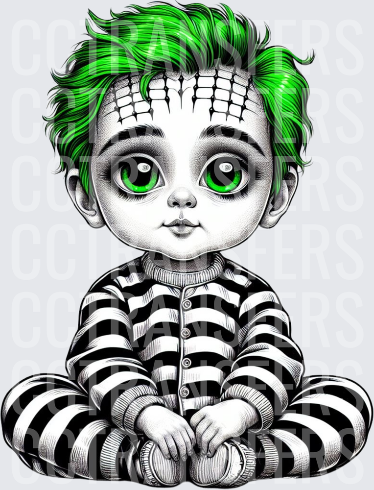 Cute Baby Boy Green Hair Big Eyes Black White Stripes (DTF)