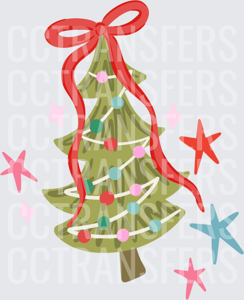 Retro Christmas Tree Red Bow Colorful Ornaments Stars (DTF)