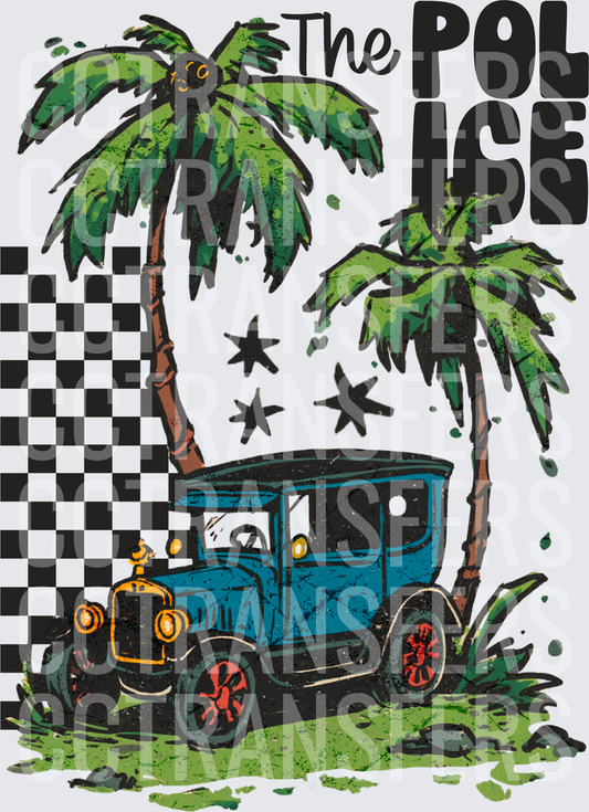 The Police Vintage Car Palm Trees Checker Design (DTF)