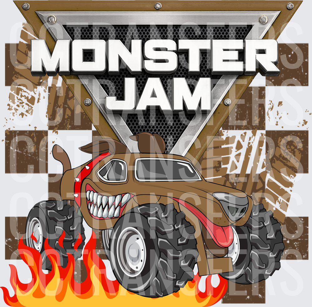Monster Jam Dog Monster Truck Flames Checkered (DTF)