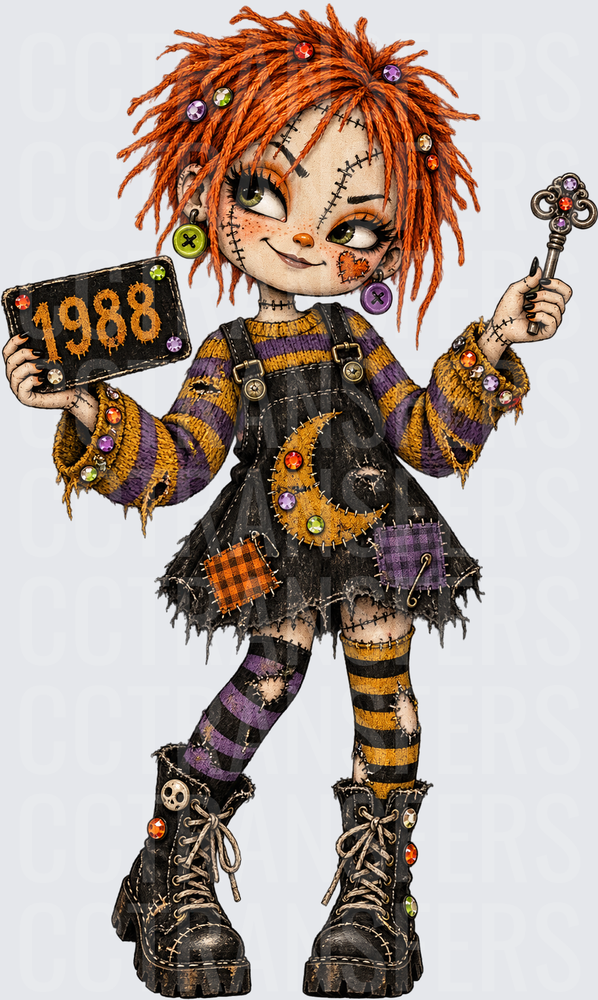 Spooky Rag Doll Girl 1988 Sign Skeleton Key Halloween (DTF)