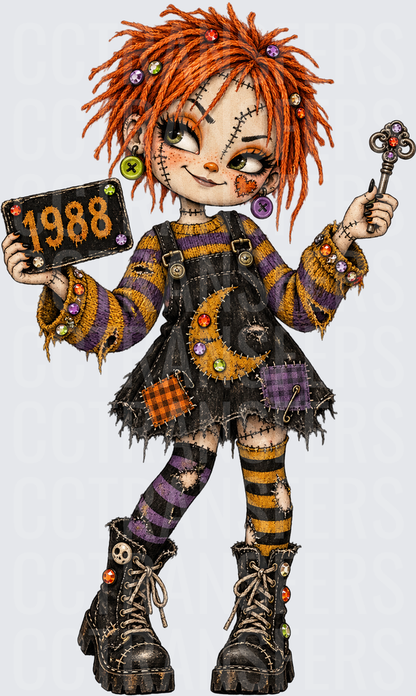 Spooky Rag Doll Girl 1988 Sign Skeleton Key Halloween (DTF)