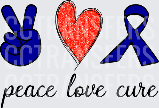Peace Love Cure Blue Awareness Ribbon Glitter Heart (DTF)