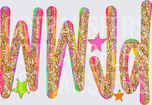 WWild Gold Glitter Neon Rainbow Stars Script (DTF)