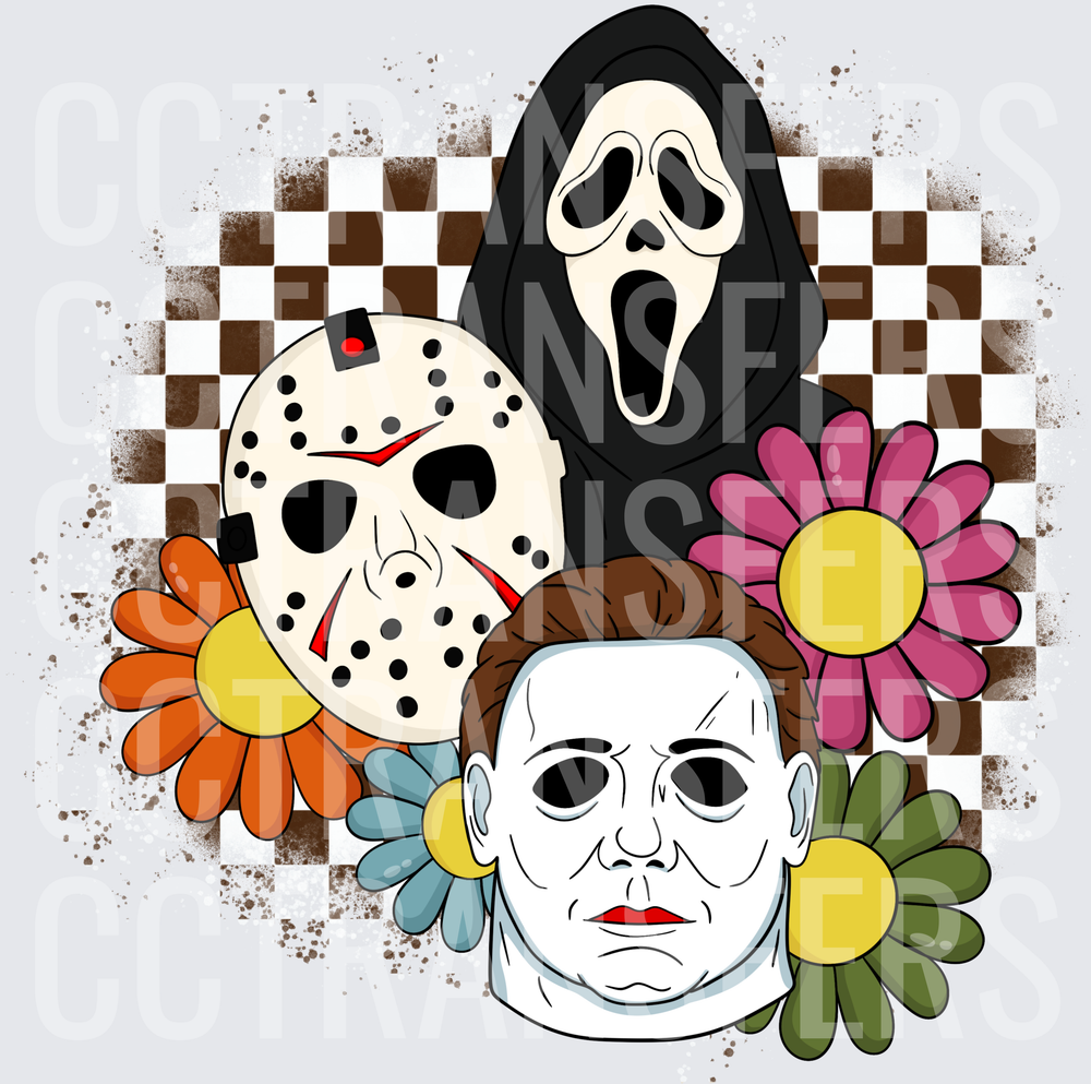 Horror Trio Masks Floral Checkered Halloween (DTF)