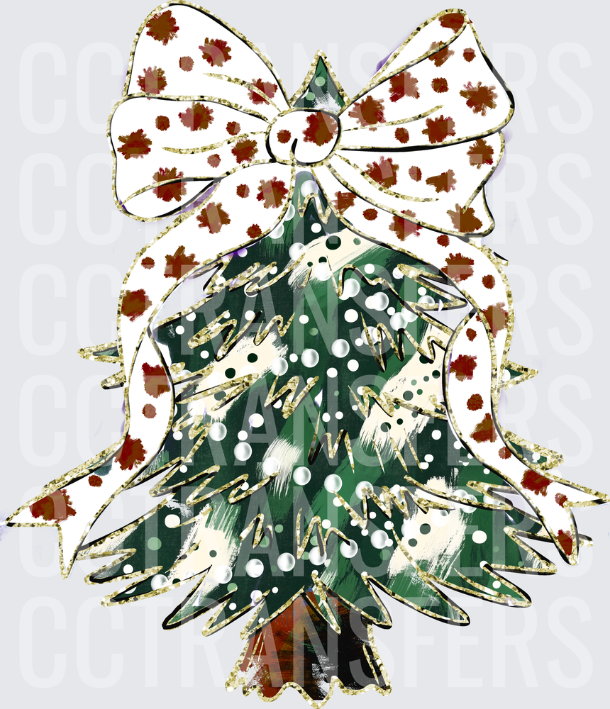 Painted Christmas Tree Gold Glitter Polka Dot Bow (DTF)