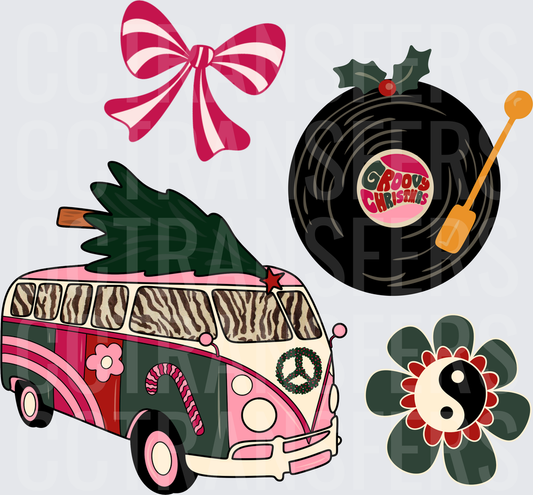 Groovy Christmas Retro Van Vinyl Record Bow Yin Yang (DTF)