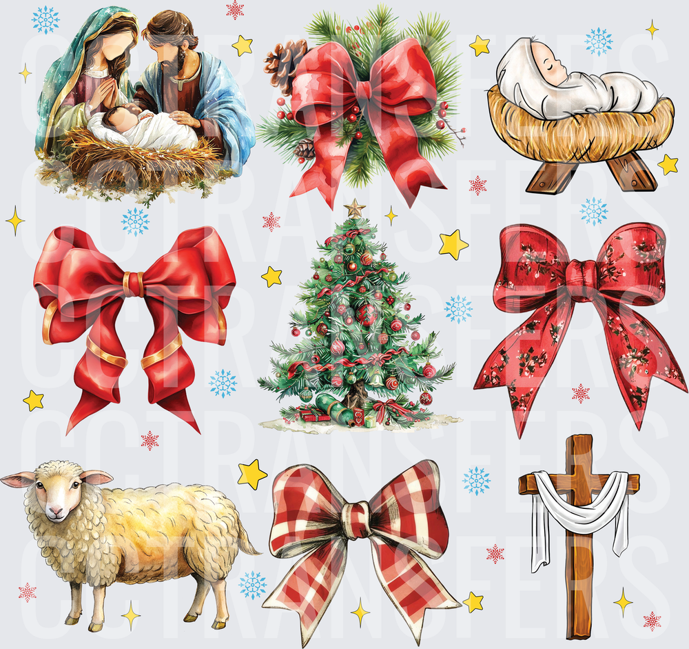Religious Christmas Nativity Scene Bows Cross Sheep Gang (DTF)