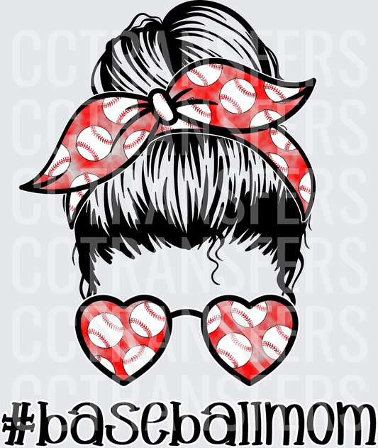 #Baseballmom Messy Bun Woman Baseball Bandana Heart Glasses (DTF)