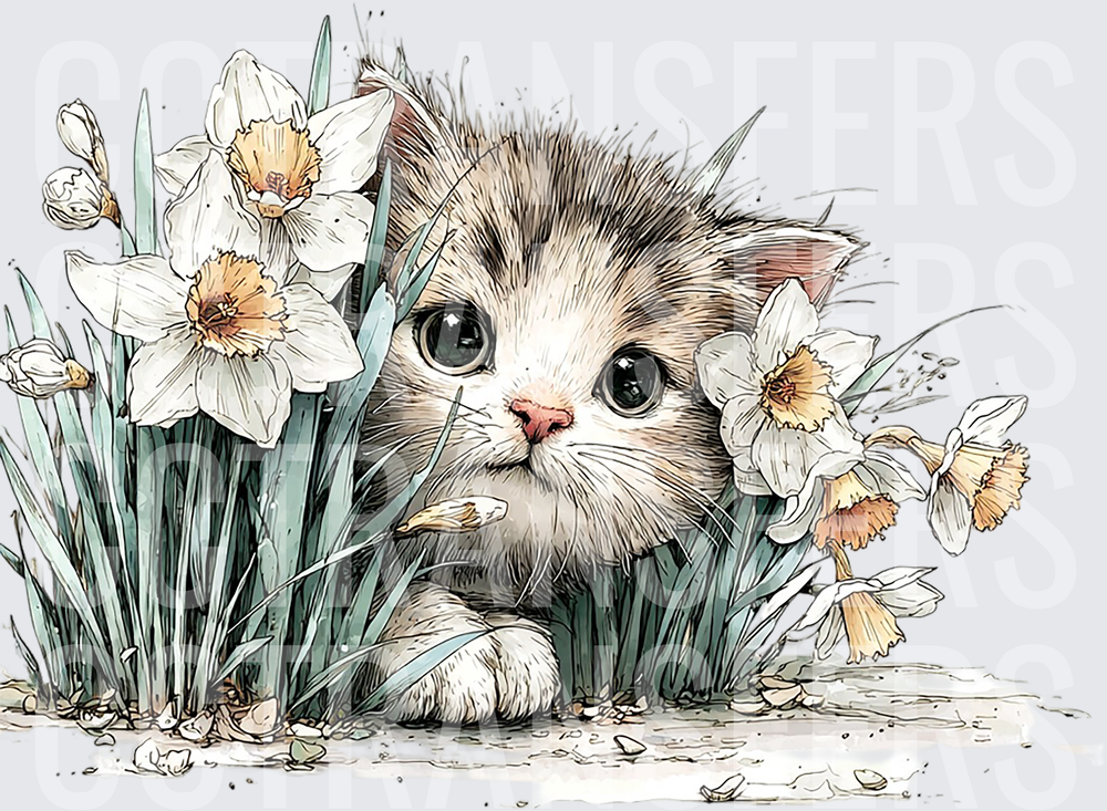 Fluffy Kitten Peeking Through Spring Daffodils (DTF)