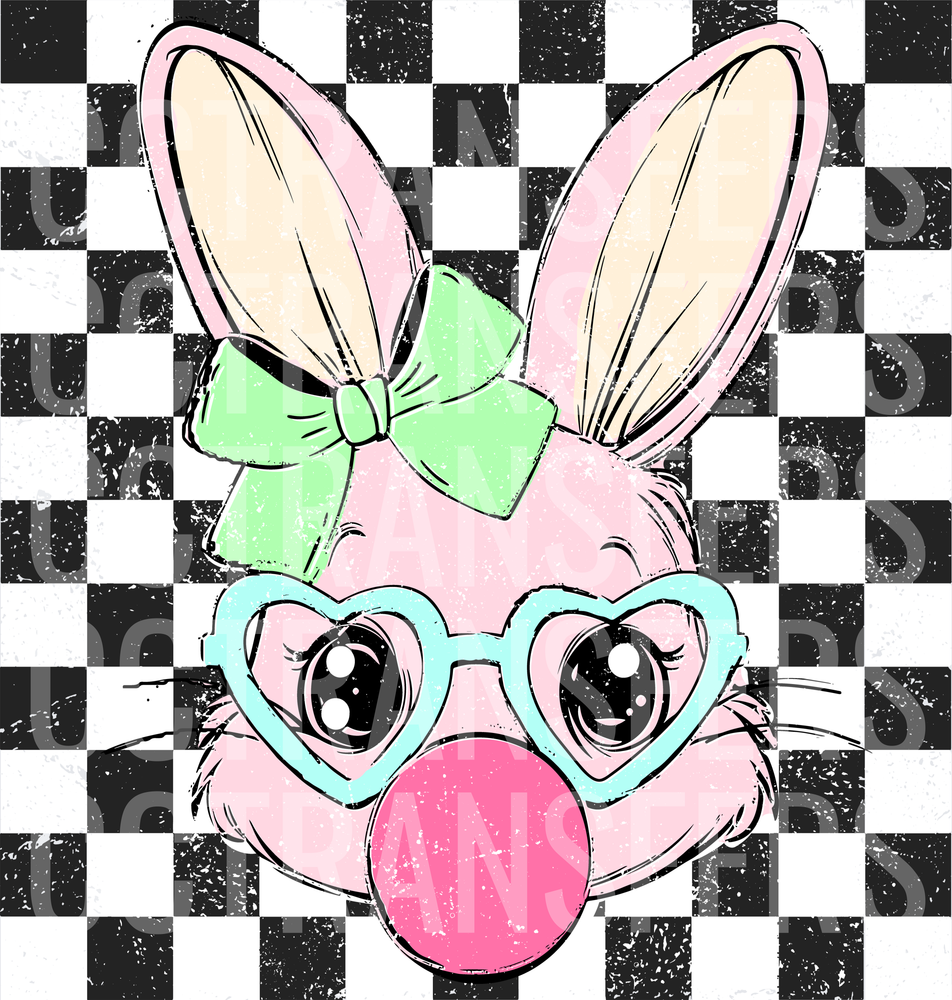 Retro Checkered Pink Bunny Heart Glasses Green Bow (DTF)