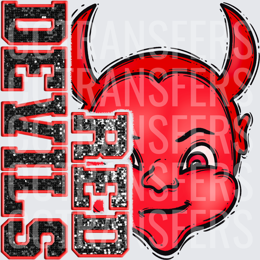 Red Devils Mascot Face Black Glitter Sequin Letters (DTF)