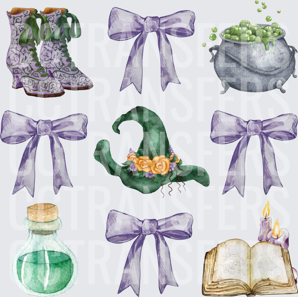 Watercolor Witch Elements Purple Bows Cauldron Hat Bundle (DTF)