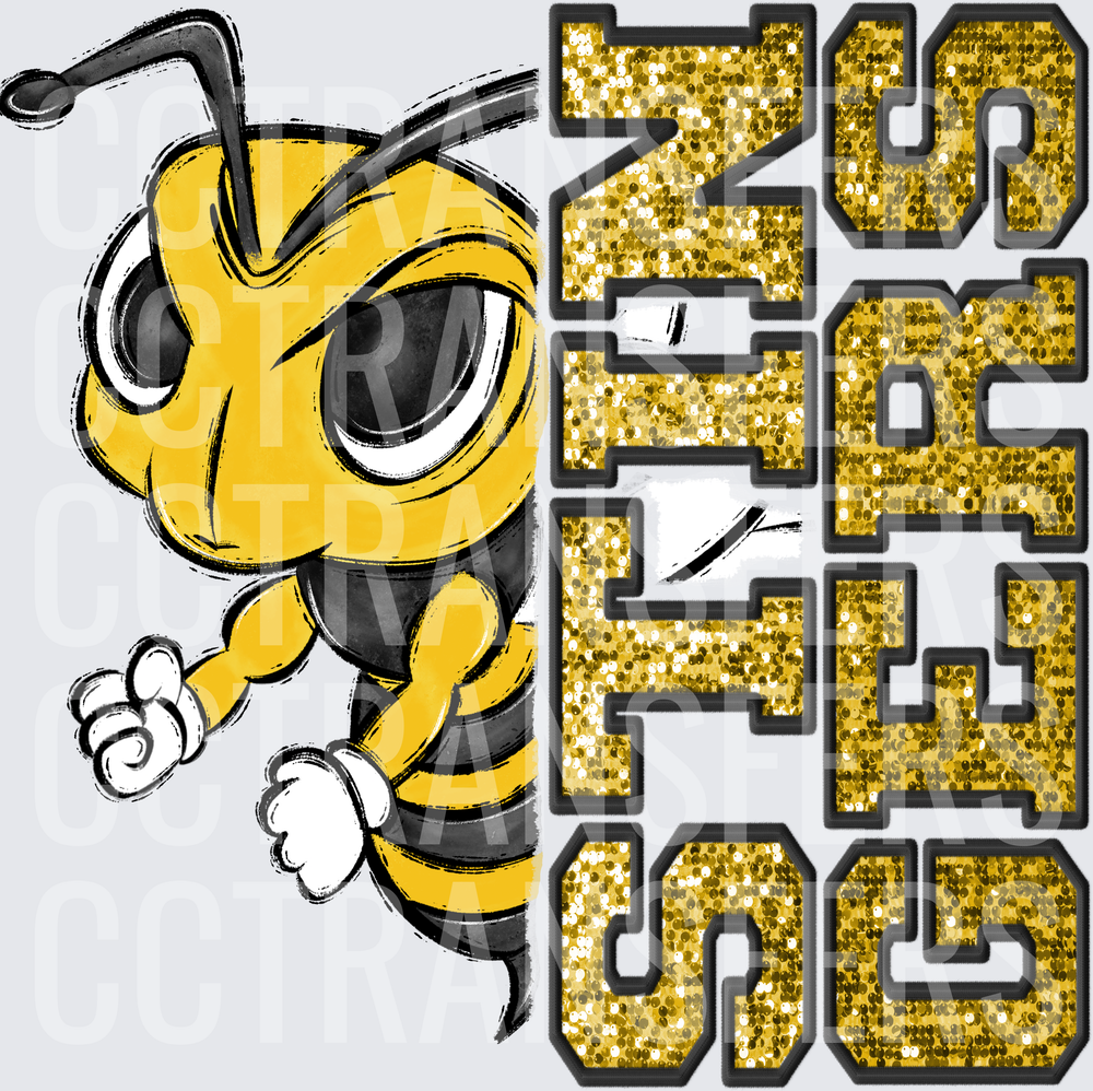 Fierce Yellow Jacket Mascot Gold Glitter Stings Letters (DTF)
