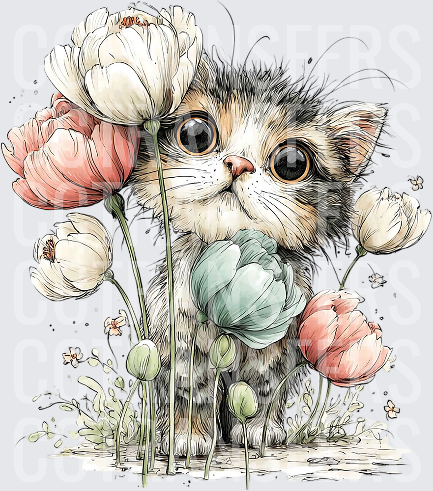 Fluffy Kitten Among Pastel Peonies and Tulips (DTF)