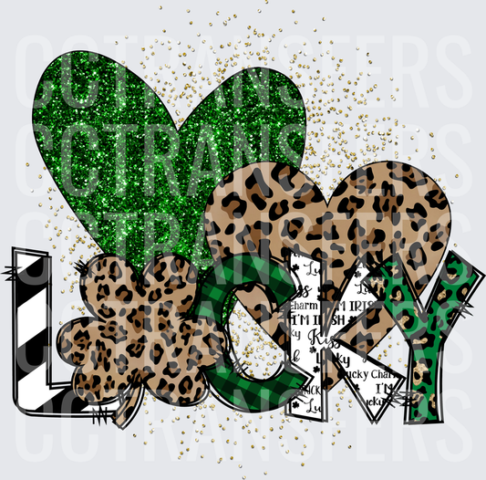 Lucky St. Patrick's Day Leopard Heart Glitter Clover (DTF)