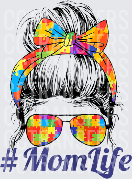 #MomLife Messy Bun Woman Autism Puzzle Bow Sunglasses (DTF)