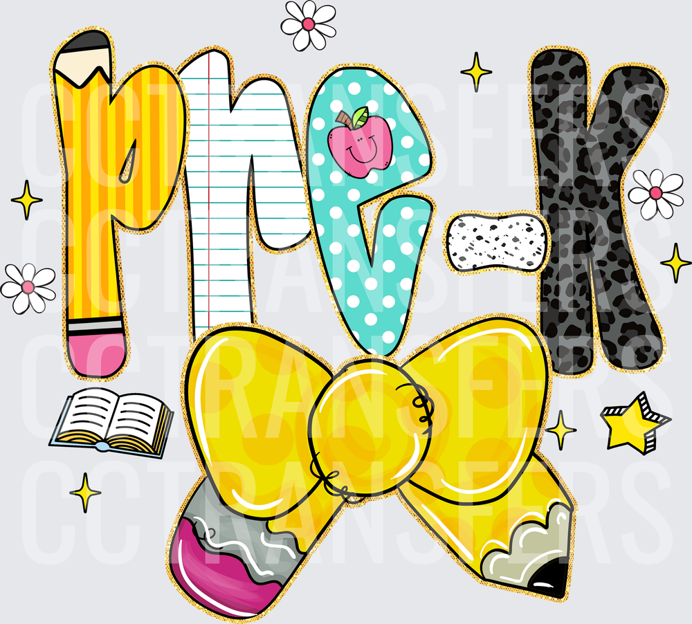 Pre-K Mixed Pattern Letters Yellow Bow Pencil School (DTF)