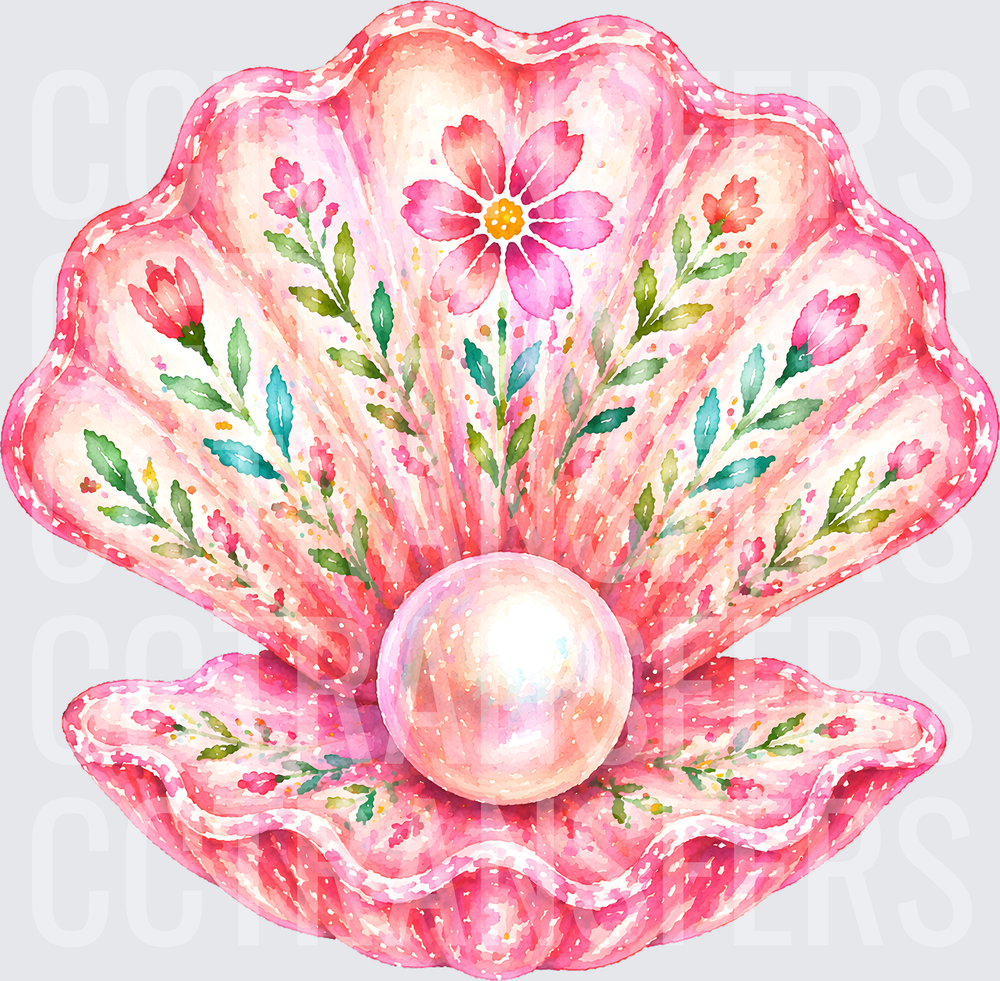 Watercolor Pink Floral Clam Shell with Pearl (DTF)