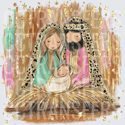 Glitter Holy Family Nativity Scene Gold Star (DTF)
