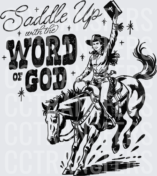 Saddle Up with the Word of God Cowgirl on Horse (DTF)