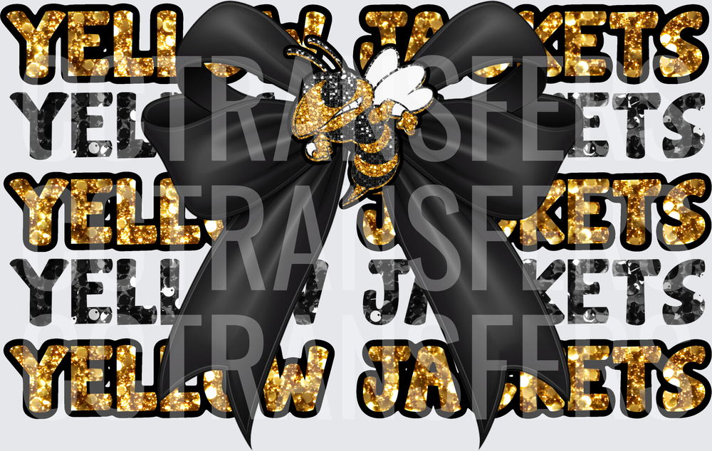 Yellow Jackets Glitter Stacked Text Black Bow Bee (DTF)