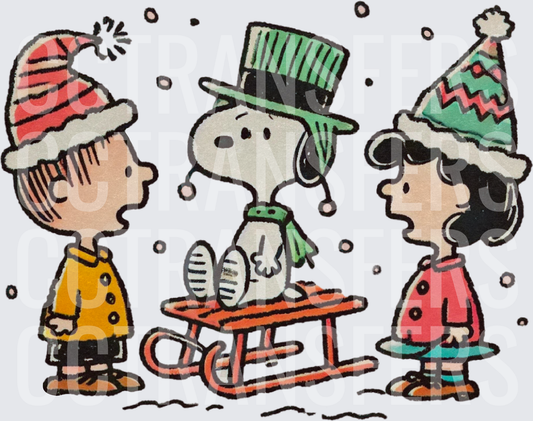 Cartoon Dog on Sled with Two Kids in Winter Hats (DTF)