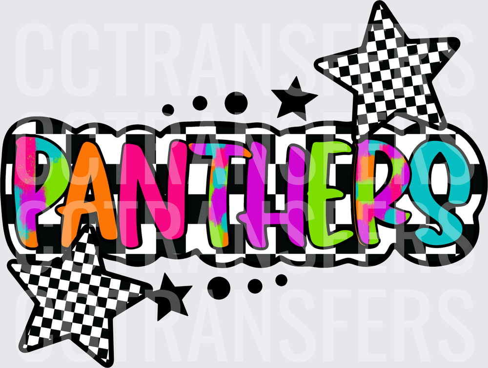 Colorful Panthers Bold Text Checkered Stars Design (DTF)
