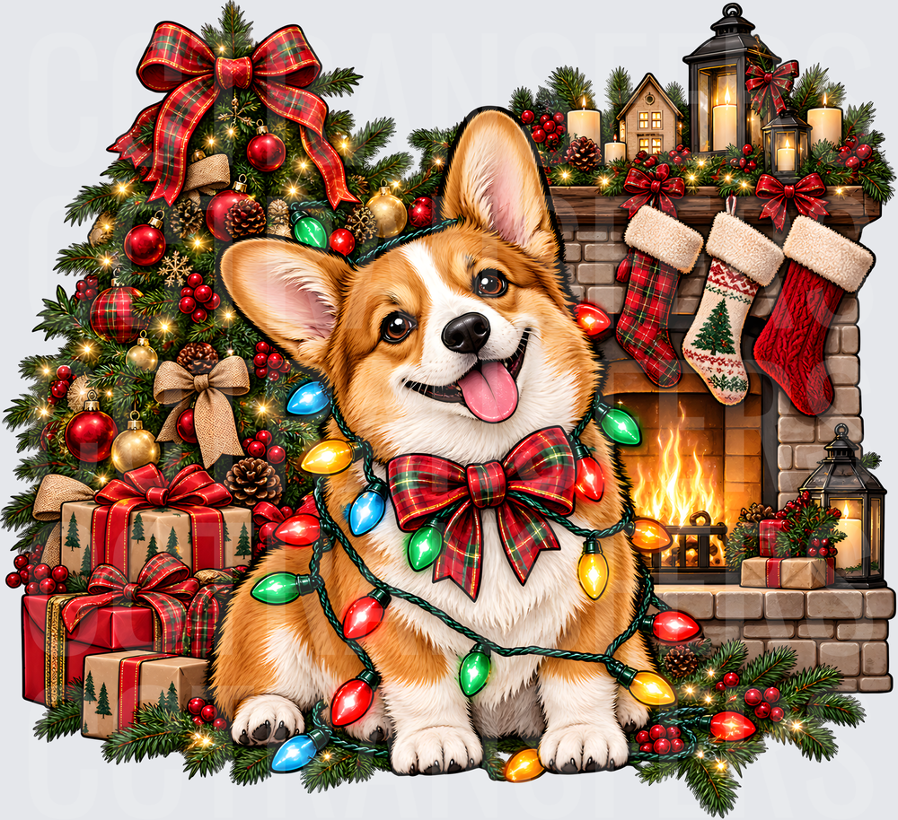 Corgi Wrapped in Christmas Lights by Fireplace (DTF)