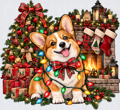 Corgi Wrapped in Christmas Lights by Fireplace (DTF)