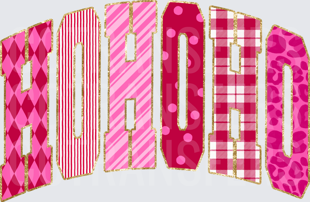 Pink Patterned HO HO HO Arched Gold Glitter Letters (DTF)