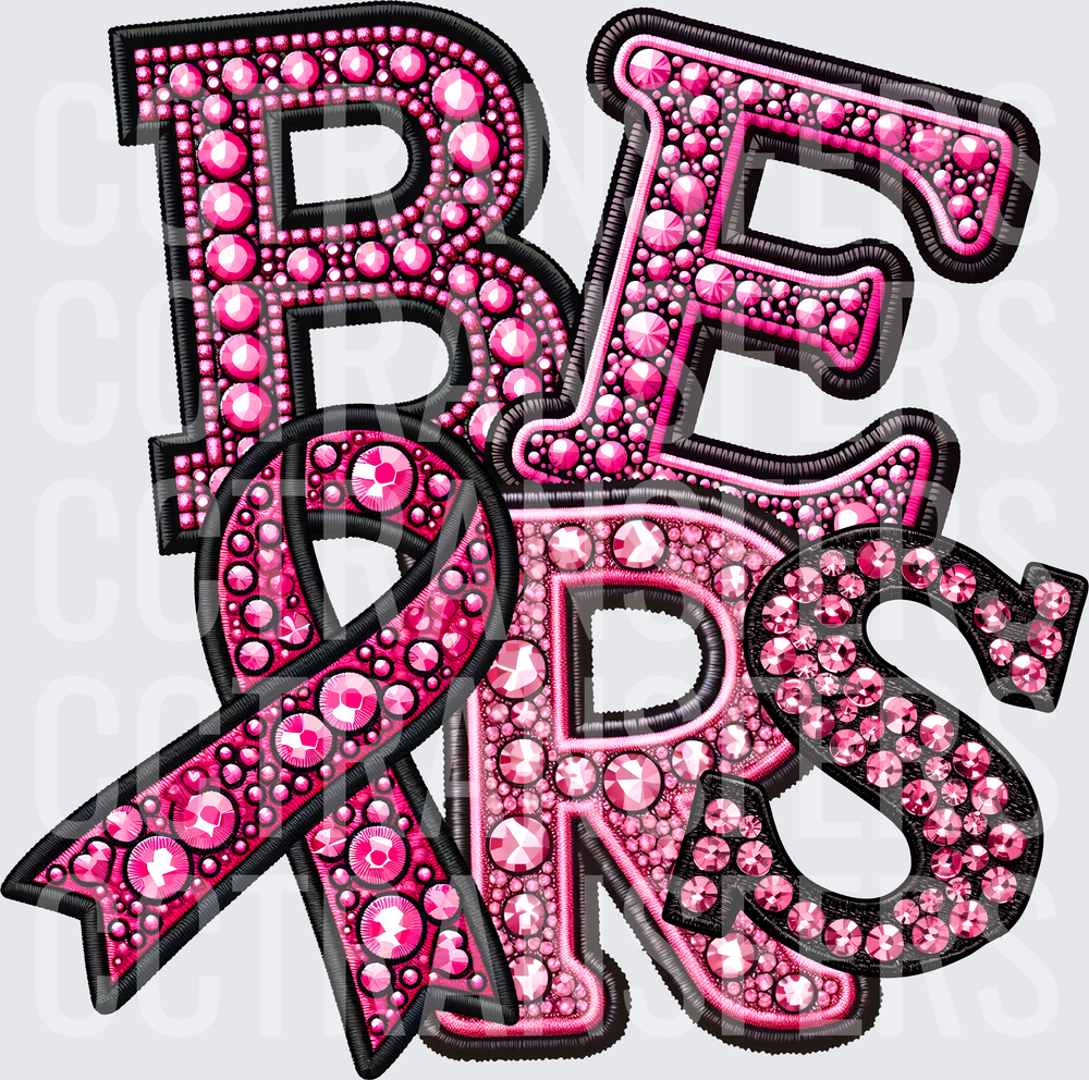 Pink Rhinestone Bedazzled BEARS Letters with Awareness Ribbon (DTF)