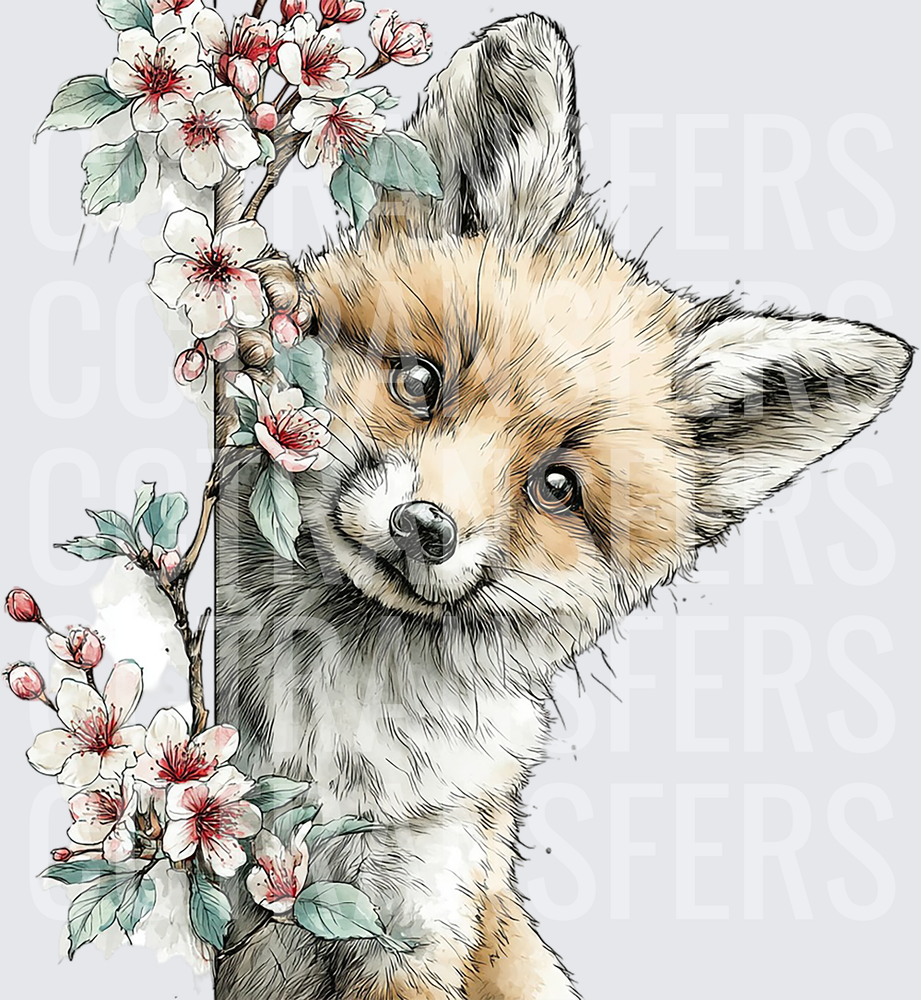 Cute Baby Fox Peeking Behind Cherry Blossom Branch (DTF)