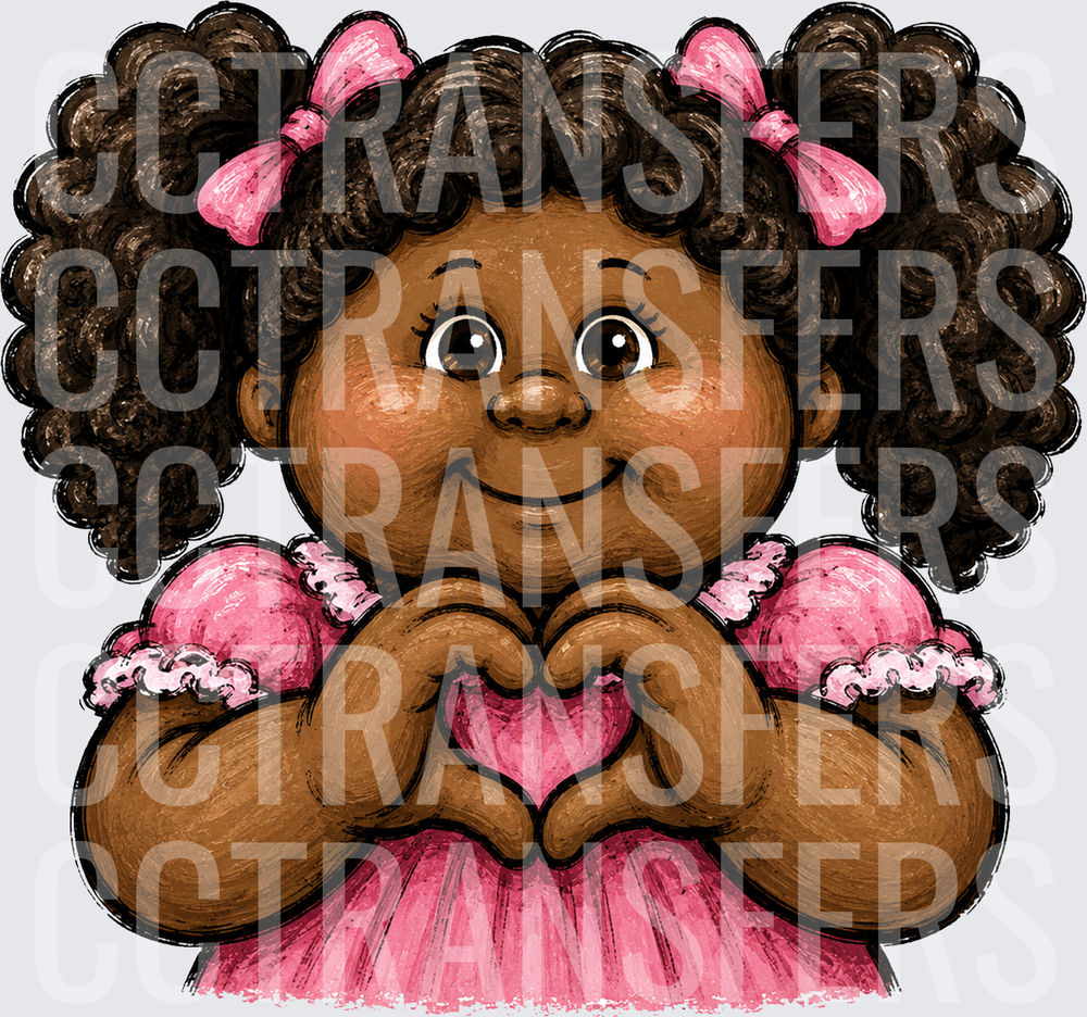 Curly Pigtail Girl Pink Bow Heart Hands Gesture (DTF)