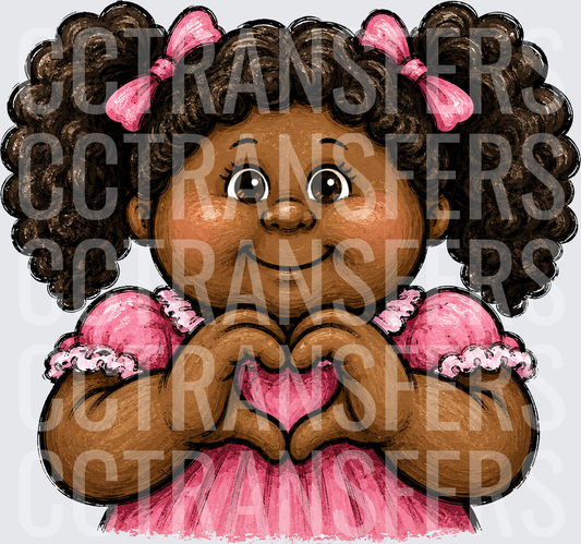 Curly Pigtail Girl Pink Bow Heart Hands Gesture (DTF)