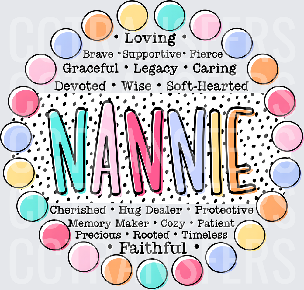 Nannie Word Art Colorful Polka Dot Circle Design (DTF)