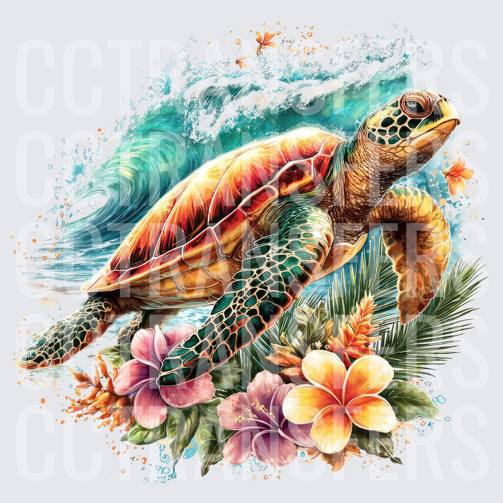 Vibrant Sea Turtle Ocean Wave Tropical Flowers (DTF)