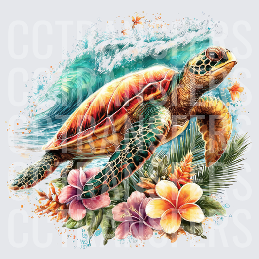 Vibrant Sea Turtle Ocean Wave Tropical Flowers (DTF)