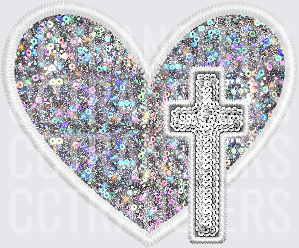 Holographic Glitter Heart with Silver Sequin Cross (DTF)