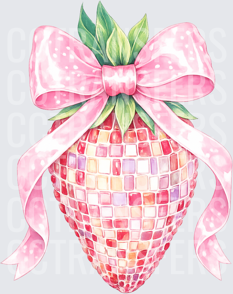 Disco Ball Strawberry with Pink Polka Dot Bow (DTF)