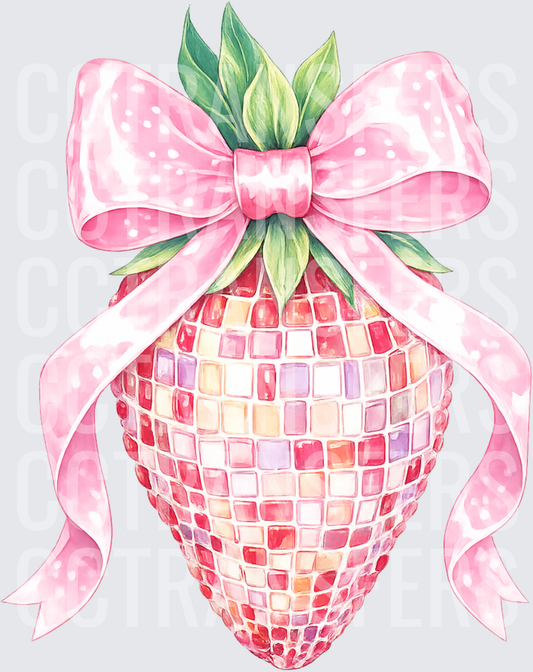 Disco Ball Strawberry with Pink Polka Dot Bow (DTF)
