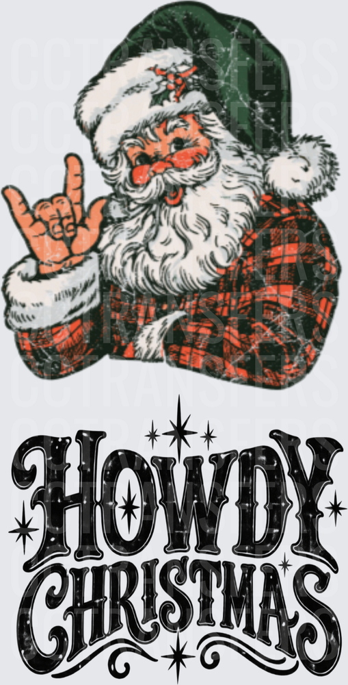 Howdy Christmas Santa Plaid Rock On Hand Sign (DTF)