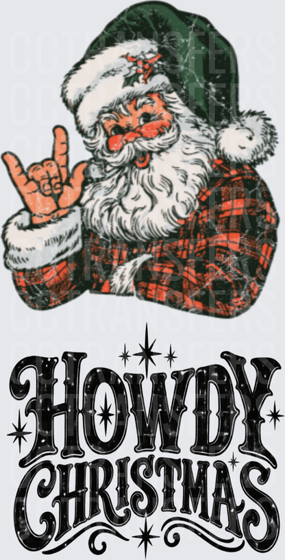Howdy Christmas Santa Plaid Rock On Hand Sign (DTF)